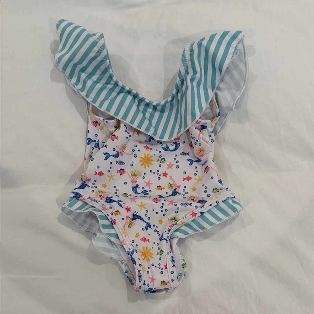 Girls' Teal Stripe Ruffle One-Piece Swimsuit with Mermaid Print